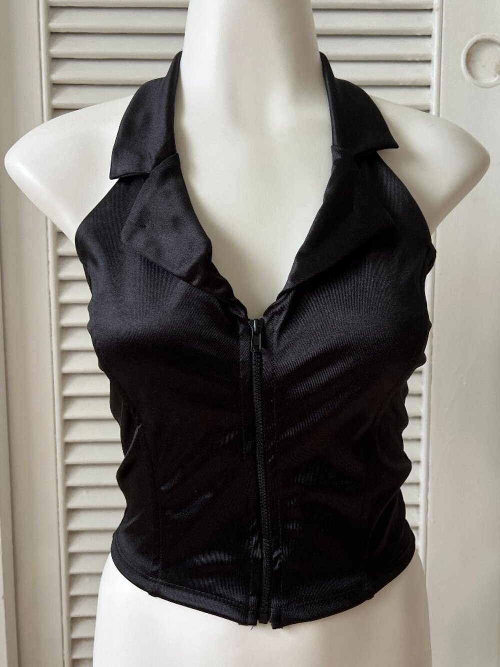 One By One Black Satin Halter Corset Style Zip Front Crop Top XS